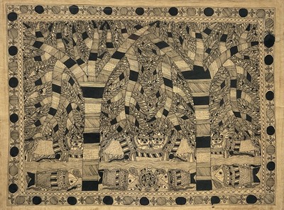 Lot 280 - Traditional Madhubani/Mithila folk art painting, cattle, birds and fish, 52cm x 70cm, glazed frame