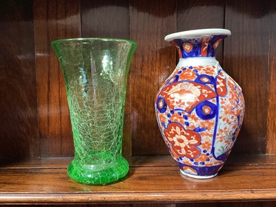 Lot 5239 - Japanese Imari vase and a crizzled green glass vase