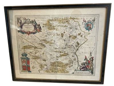Lot 5267 - 17th century Blaeu map of Hertfordshire, together with an 18th Morden map of Suffolk, both hand coloured in glazed frames