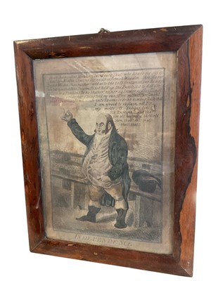 Lot 5147 - Follower of Gillray, 19th century coloured engraving 'Independence' in period glazed rosewood frame, together with a Regency embroidery and an engraving (3)