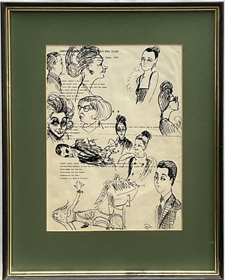 Lot 72 - Nino Caprioglio (1926-1993), ink sketches on printed paper, ‘Hebe Dorsey centre with specs’, at ‘60s fashion show, 49cm x 39cm, inscribed verso, framed