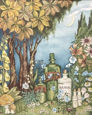 Lot 65 - Jennifer Clark, watercolour, apothecary bottles in a magical woodland under the night sky, 55cm x 44cm, signed, framed