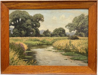 Lot 96 - English school, 20th century, oil on board, river landscape, 31cm x 40cm, framed