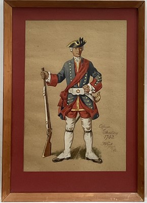 Lot 56 - J.W. Scott, gouache on paper, study of an ‘Officer of Artillery 1742’, 43cm x 29cm, signed, in glazed frame.