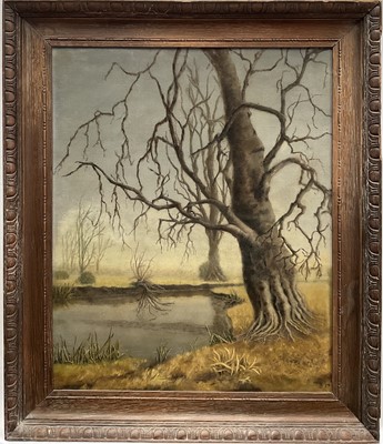 Lot 129 - English School, Winter trees in a landscape, oil on canvas laid to board, 54cm x 44cm, monogrammed S-73, in carved oak frame.