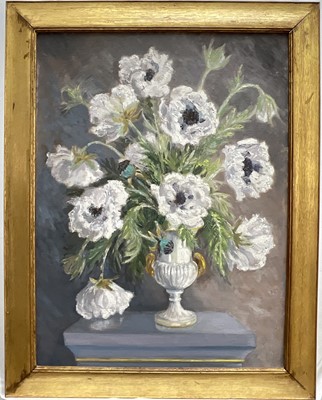 Lot 98 - 20th century oil on board, Still life of Anemones, 86cm x 68cm, signed Harold Stannard, framed