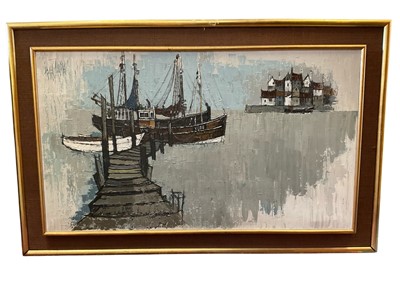 Lot 5148 - Roger Murray (20th century) oil on canvas, boats in a harbour, signed, framed