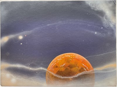 Lot 28 - Three mid century sci fi paintings depicting planets and spacecrafts, acrylic and spray paint on board, largest 38cm x 55cm, unframed