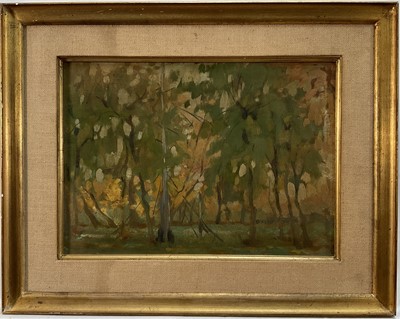 Lot 69 - Impressionist school, late 19th century, oil on panel, a woodland scene, 38cm x 49cm, framed