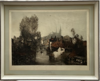 Lot 341 - Camille Arthur Fonce (1867-1937), ‘Chartes, Old Houses on the River Eure’, coloured etching, 65cm x 80cm, signed in pencil to margin, framed