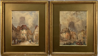 Lot 107 - Manner of Samuel G Prout (1822-1911) a pair of 19th century watercolours depicting town scenes, 34cm x 29cm, glazed gilt frames