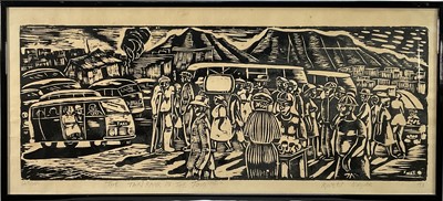 Lot 70 - Kweti Ndzube (South African b.1943) linocut, “The Taxi Rank In The Township”, signed, dated and numbered, 40cm x 88cm, framed
