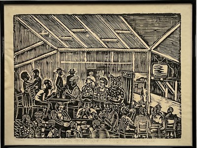 Lot 138 - Kweti Ndzube, South African b.1943, linocut, “Mama Peggies Cool Tauern, World Cup Rugby 1995”, signed, dated and numbered to margin, 51cm x 68cm, in glazed frame.