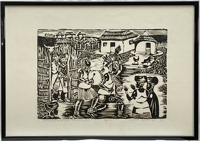 Lot 55 - Simon Stemela, South African, linocut, “Ukubethelelwa Kwekhaya”, signed, dated and numbered to margin, 45cm x 64cm, framed