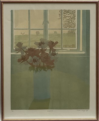 Lot 59 - Louise Waugh, contemporary, linocut, “Weekend”, a vase of flowers on a table beside a window, signed, dated and numbered to margin, 65cm x 52cm, framed