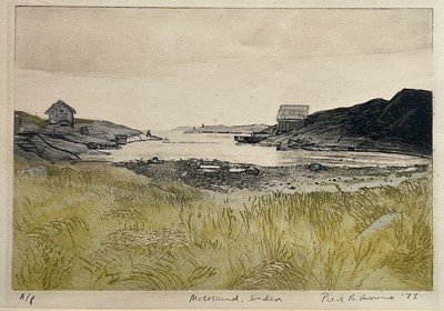 Lot 27 - Piers Browne (1942-2004), etching, titled Molossund, Sweden, artist’s proof, signed and dated ‘73, 33cm x 48cm, in glazed frame