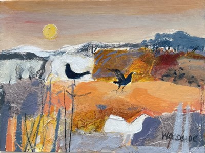 Lot 20 - Christine Woodside (b.1946), “Winter Sun Fife”, mixed media collage, birds in a landscape at sunset, signed lower right and inscribed verso, 15cm x 20cm, in glazed frame.