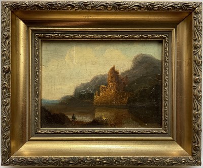 Lot 97 - Romantic landscape, oil on panel, described verso ‘Urquhart Castle, Drumnadrochit, Highland’, 18cm x 21cm, framed