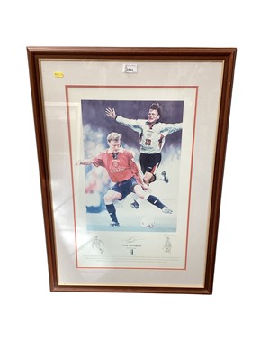 Lot 2962 - Gary Keane, limited edition signed prints of Teddy Sheringham and Mark Hughes, both signed by the footballers, and a limited edition print of Eric Cantona signed by the artist Peter Deighan (3)<...