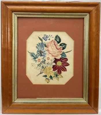 Lot 61 - Victorian botanical study, watercolour on paper, a study of flowers including Roses, Dalia and Forget me Nots, 17cm x 15cm, in glazed period maple frame