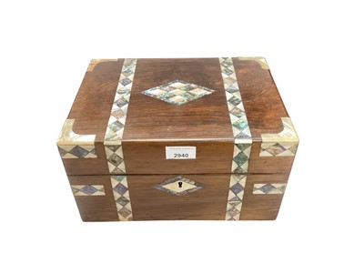Lot 2940 - Antique rosewood vanity box with mother of pearl and abalone inlay, the interior with mirror and fitted contents, 30cm wide