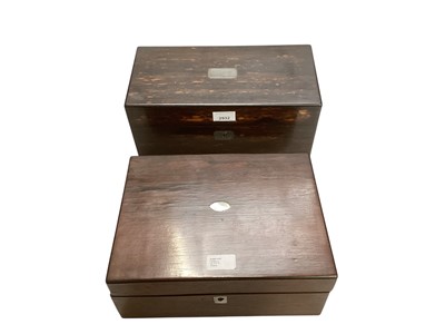 Lot 2932 - Victorian coromandel tea caddy with two interior caddies and central glass mixing bowl, 33cm wide, and a rosewood sewing box (2)