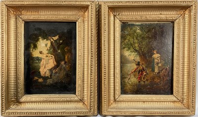 Lot 334 - Two 19th century French School hand coloured prints on panel - Romantic Figures, signed and inscribed, in gilt frames