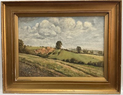 Lot 64 - A.C. Hemming, 20th century, oil on canvas, a rolling landscape with clouds in the sky, 26cm x 37cm, signed and dated 1930, in glazed frame.