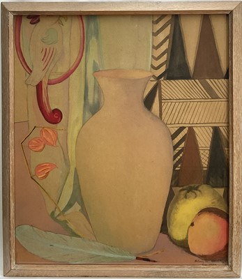 Lot 65 - Bloomsbury Group school, early 20th century, still life with stylised parrot on a swing and geometric patterns, 40cm x 34.5cm, signed and dated 1938, in glazed frame