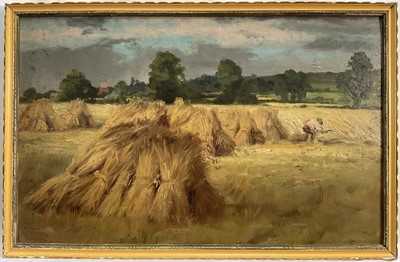 Lot 66 - Impressionist school, impasto oil on board, haystacks in a landscape with worker in the field, 28cm x 44.5cm, framed