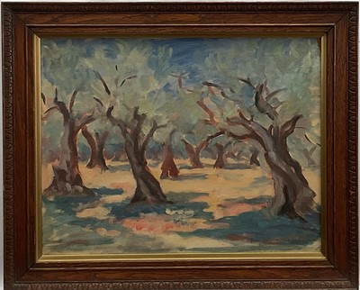 Lot 58 - Impressionist school, 20th century, oil on canvas laid to board, trees in the summer heat, 46cm x 56cm, framed