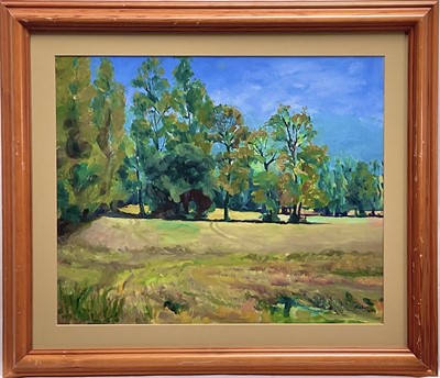 Lot 139 - Impressionist school, 20th century, impasto oil on canvas board, landscape with trees on a sunny day, 39cm x46.5cm, signed, in glazed frame.