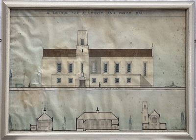 Lot 63 - E.L. Fox, Early 20th century architectural design illustration, "A Design For A Church And Parish Hall", ink and watercolour on paper, signed “E.L. Fox, Yeovil” and dated 1931, 56cm x 78cm, fram...