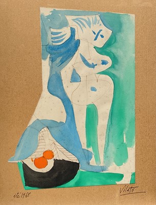 Lot 23 - Javier Vilató (1921-2000), Abstract nude, watercolour and pen on paper, titled “‘ete’ 1968”, signed, 33cm x 24cm, framed