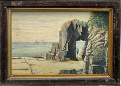Lot 106 - Naive school, late 19th early 20th century, a study of cliffs at St Just, Cornwall, coloured crayon, pastel and watercolour, signed W. Harry, 39cm x 54cm, framed