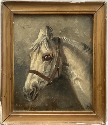 Lot 60 - Naive school, 19th century, oil on canvas, study of a horse, 29.5cm x24cm, monogrammed, in glazed frame.