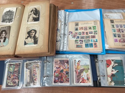 Lot 1129 - Stamps and postcards including an album of Edwardian actresses signed and unsigned, another postcard album Charlie Chaplin, Walt Disney Snow White and Seven Dwarfs plus a selection of stamps. Tw...