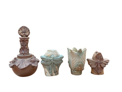 Lot 2277 - Benard Rooke pottery decanter decorated with leaves and frogs, 27cm high, together with three vases