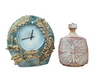 Lot 5026 - Aaron Rooke pottery clock decorated with dragonflies, 29cm high, together with a Bernard Rooke style lamp base, 24cm high