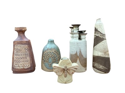Lot 2279 - Five studio pottery vases including one in the style of Bernard Rooke decorated with a dragonfly