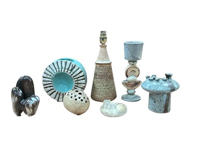 Lot 2280 - Seven pieces of studio pottery including a lamp base, 30cm high, vases etc