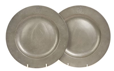 Lot 11 - The Coronation of H.M. King George IV, July 19th 1821, pair pewter plates made for the Coronation banquet held at Westminster Hall each with engraved crowned GR IV cypher to border, 24.7cm diamet...