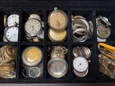 Lot 94 - Collection of vintage and later pocket watches, pocket watch movements, cases including two silver and various parts, within a watch display box