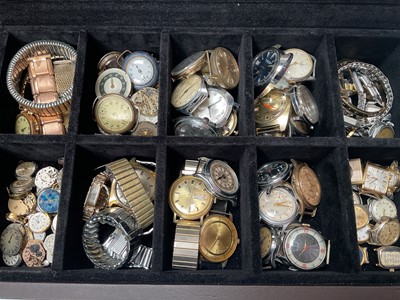 Lot 95 - Collection of vintage and later wristwatches, watch movements, straps and various parts, within a watch display box