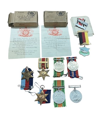 Lot 707 - Second World War casualty medal slip named to PTE. W. Reid, together with another medal slip, two boxes of issue and various campaign medals comprising 1939-1945 Star x2, Africa Star, Defence...