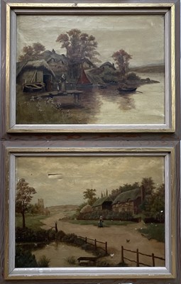 Lot 263 - A. Ratcliff, 20th century, pair oils on canvas, River landscapes with figures, 30cm x 40cm, framed (2)