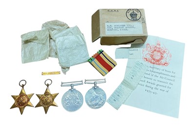 Lot 713 - Second World War RAF medal group comprising 1939-1945 Star, Africa Star with North Africa 1942 - 43 clasp, Defence and War medals, in box of issue named to B. W. Stringer, Romford, Essex, wit...