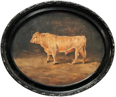 Lot 124 - English School, oil on oval board, A Prize Bull, 39cm x 49cm, glazed oval frame