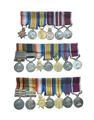 Lot 719 - Group of three miniature medal groups comprising 1914 'Mons' Star, War, Victory, 1902 Coronation medal, Meritorious Service medal and Long Service and Good Conduct medal. The second group compri...