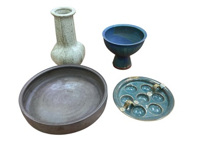 Lot 2301 - Studio pottery bowl, signed George Wilson, 33cm diameter, together with a vase, a pedestal bowl and a two handled Escargot dish (4)